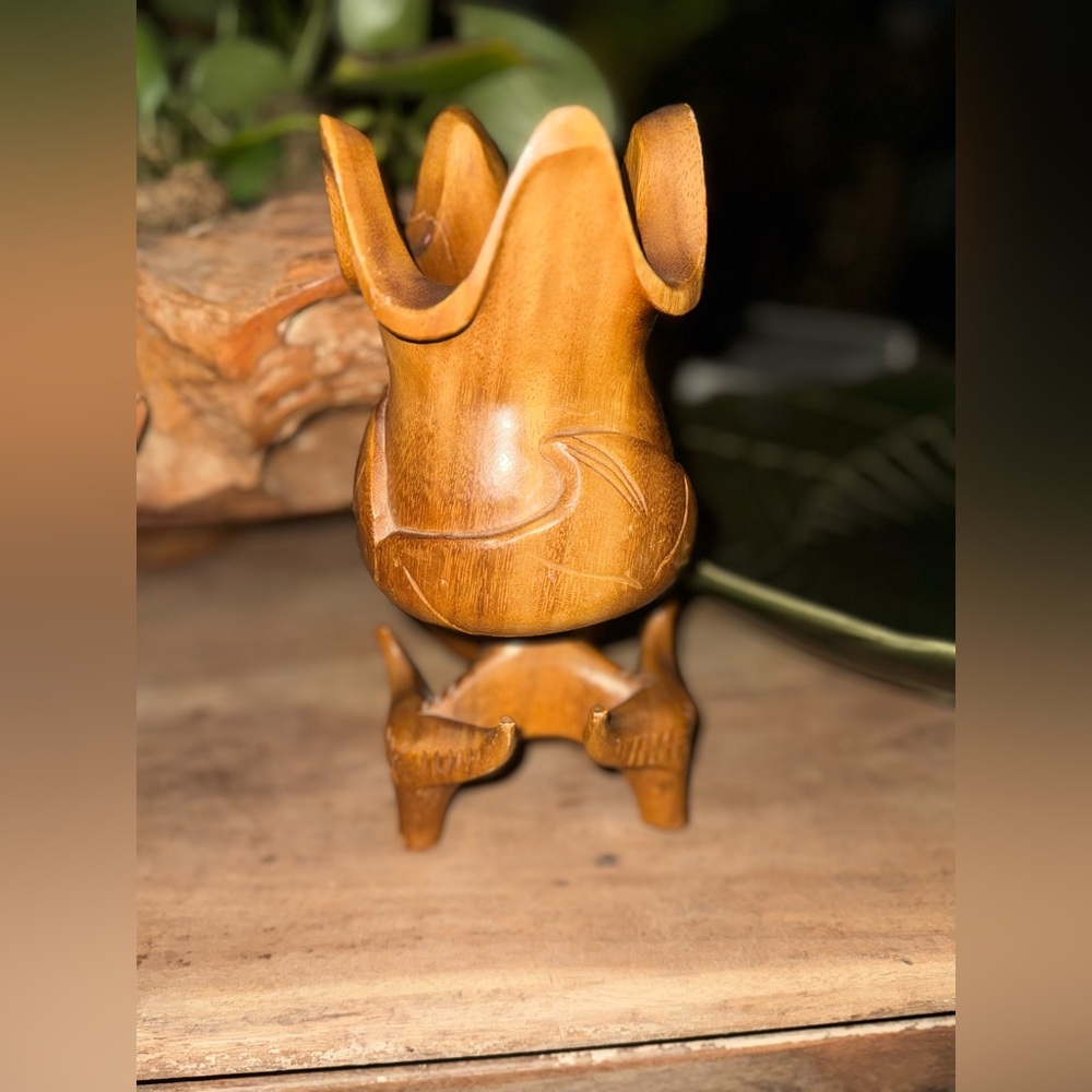 Hand-Carved Wooden Vase Sculpture Bull Heads Base